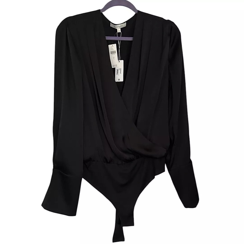 NWT Favorite Daughter Chiffon Bodysuit Black Women’s Size L Long Sleeve Pleated - Picture 2 of 16